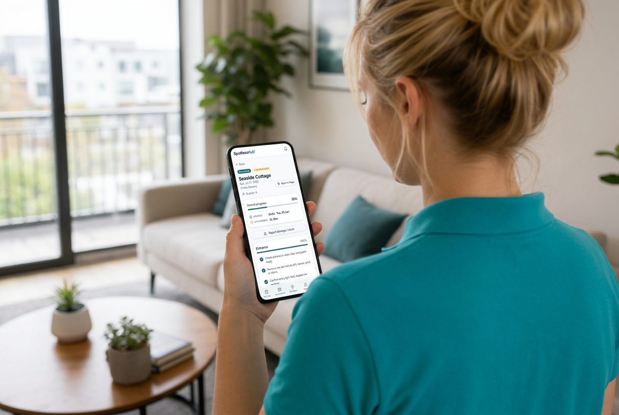 Cleaner viewing her SpotlessHub checklist on a smartphone in a bright living room
