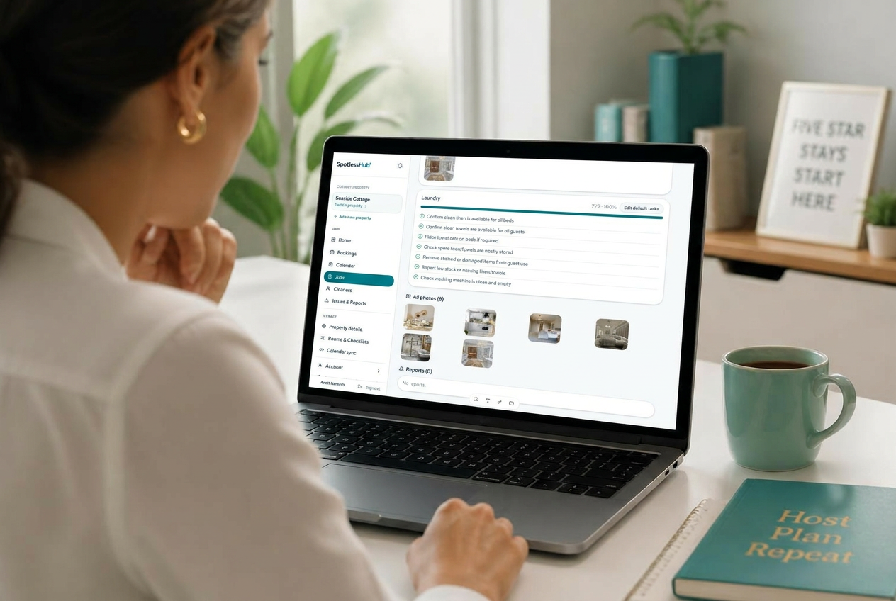 Host reviewing cleaner-submitted verification photos on a laptop dashboard