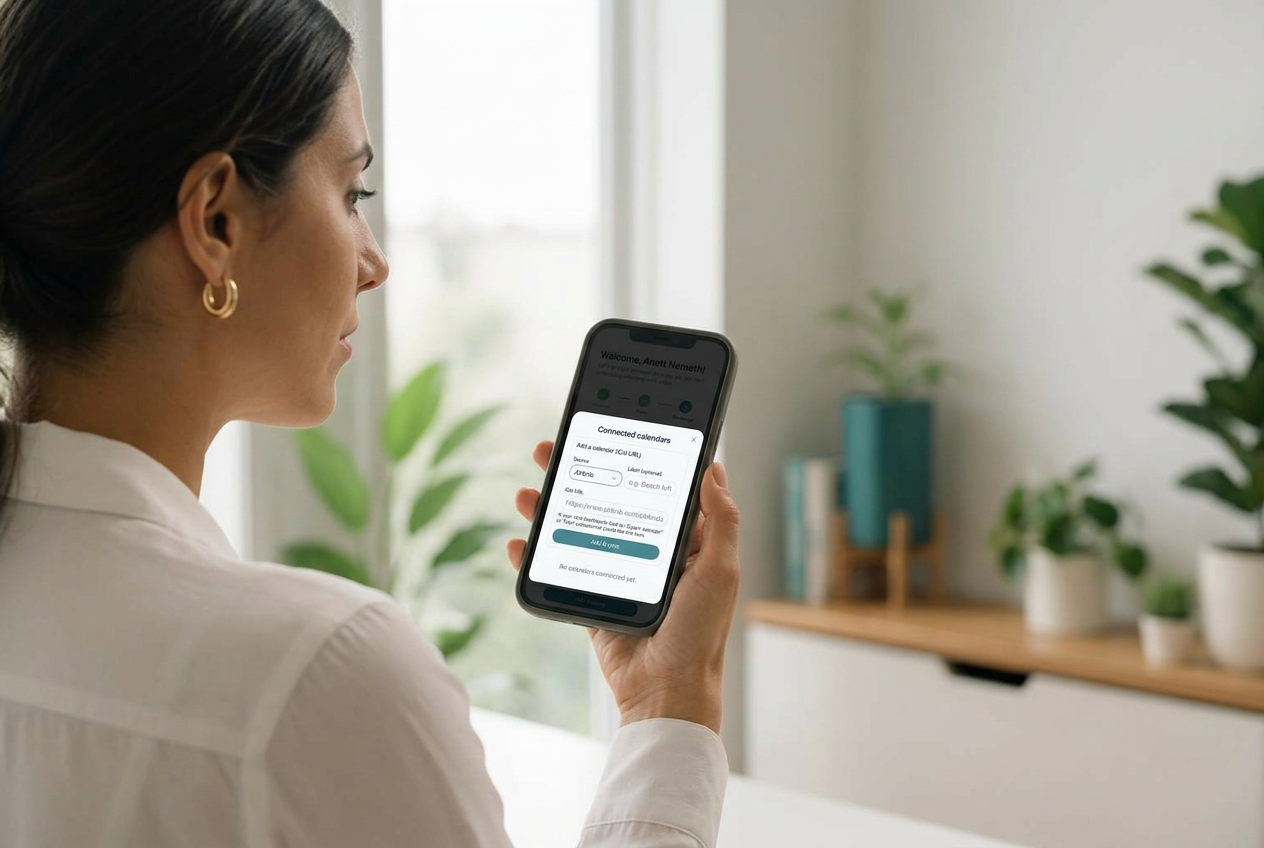 Host looking at the SpotlessHub Connected calendars iCal sync screen on her phone