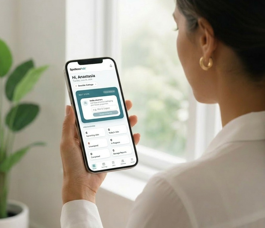 Host Anastasia holding her phone showing the SpotlessHub invite cleaners dashboard